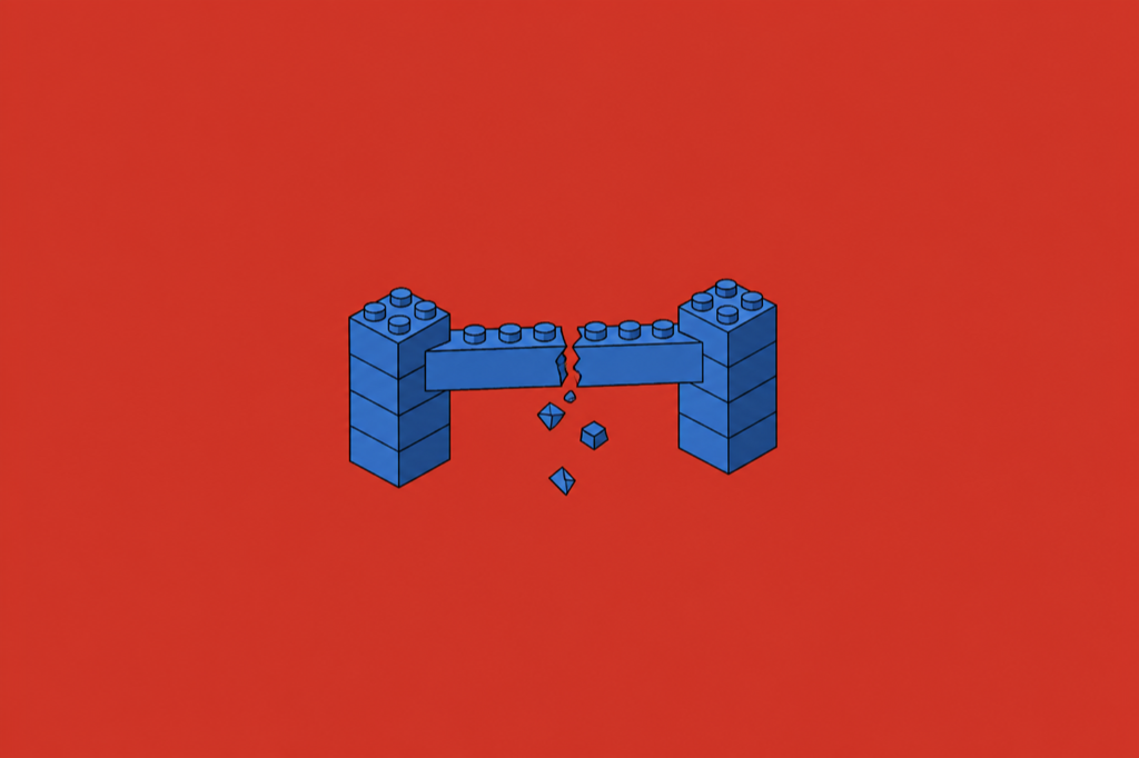 Supplier financial risk: isometric blocks showing a broken supply-chain bridge on a red background